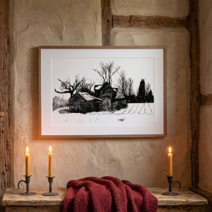 Póster Cartel de escena de granja antigua en invierno a t