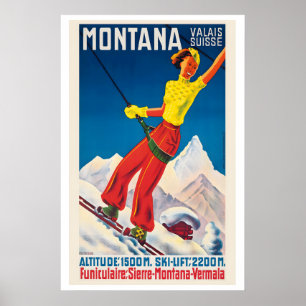 Póster Cartel de esquí vintage de Montana Valais Suiza