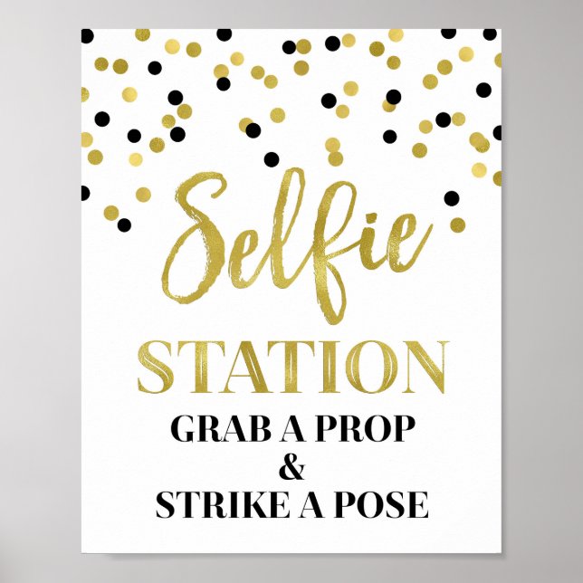 Póster Cartel de estación de selfie boda dorado negro con (Frente)