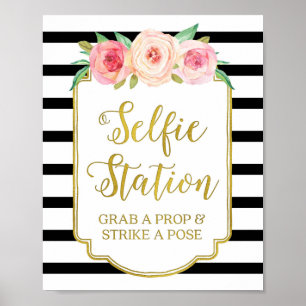Póster Cartel de estación de selfie con flores rosadas y 