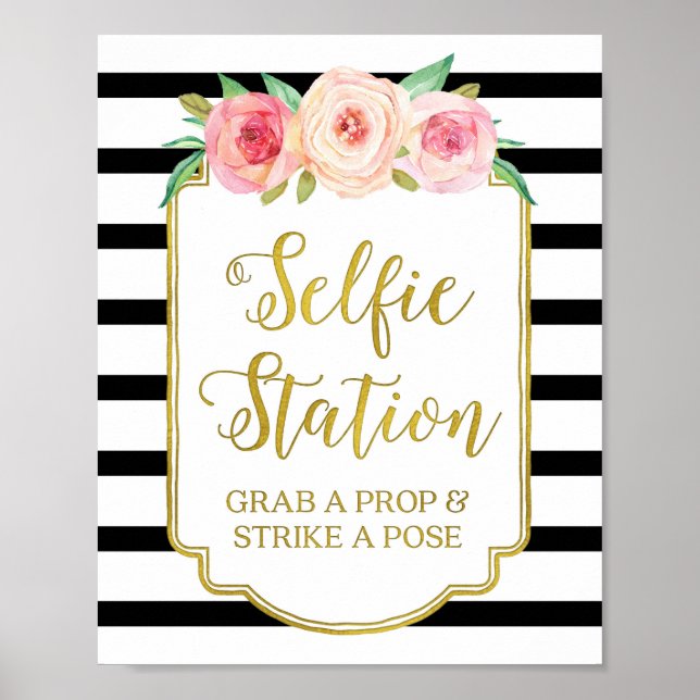 Póster Cartel de estación de selfie con flores rosadas y  (Frente)