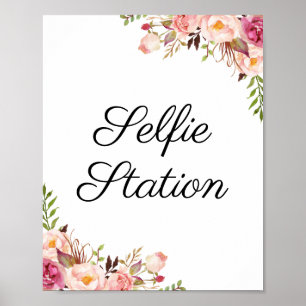 Póster Cartel de Estación de Selfie de Boda con Flores Ro