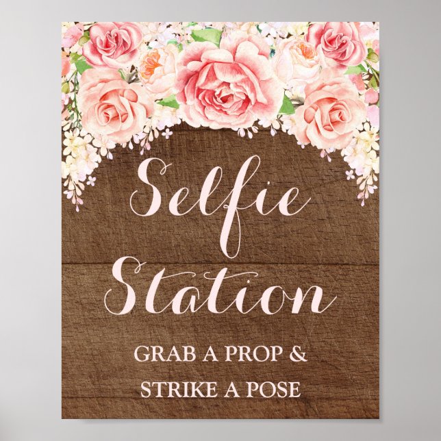 Póster Cartel de estación de selfie de boda en madera acu (Frente)