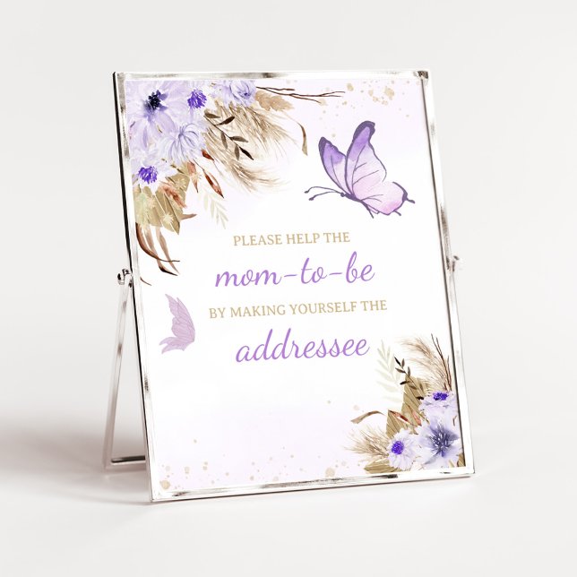 Póster Cartel de Estación de Sobres para Fiesta de Shower (Purple Butterfly Baby Shower Envelope Station Sign)