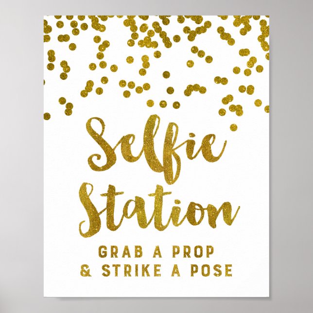 Póster Cartel de Estación Selfie Boda Confeti Dorado (Frente)
