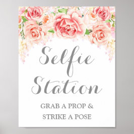 Póster Cartel de Estación Selfie Boda Floral Acuarela Ros