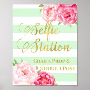 Póster Cartel de Estación Selfie Flores Rosadas Dorado Ve
