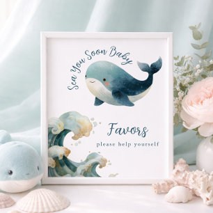 Póster Cartel de favores para baby shower Ballena Blanca 