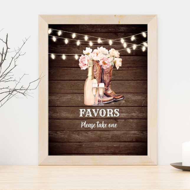 Póster Cartel de FAVORS Cowgirl Boots Champagne Bridal Sh (Rustic western boots and bubbly favors sign)