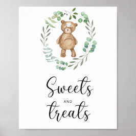 Póster cartel de fiesta de bebé de osito dulces y golosin