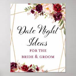 Póster Cartel de fiesta de boda floral boho borgoña de 8x