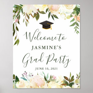 Póster Cartel de fiesta de graduación floral blanco marfi