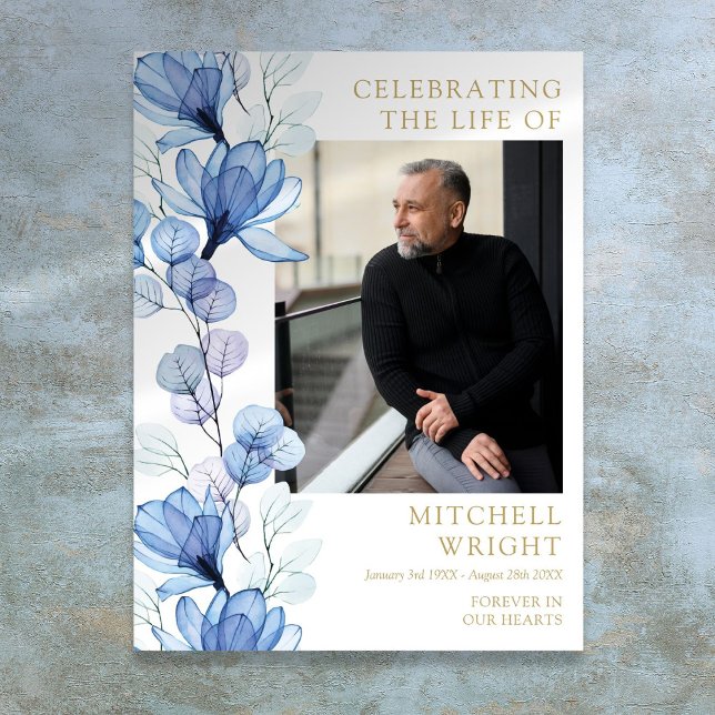 Póster Cartel de Foto de Celebración de Vida Funeral Flor (Blue Floral Funeral Celebration Of Life Photo Sign)