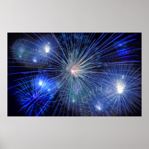 Póster cartel de fuegos artificiales azules