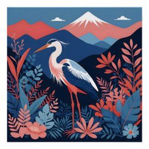 Póster cartel de garza de montaña de coral