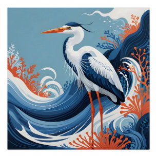 Póster cartel de garza de ola de océano