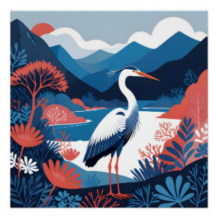 Póster cartel de garza del valle azul