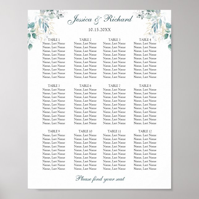 Póster Cartel de gráfico de asientos de 12 mesas (Frente)