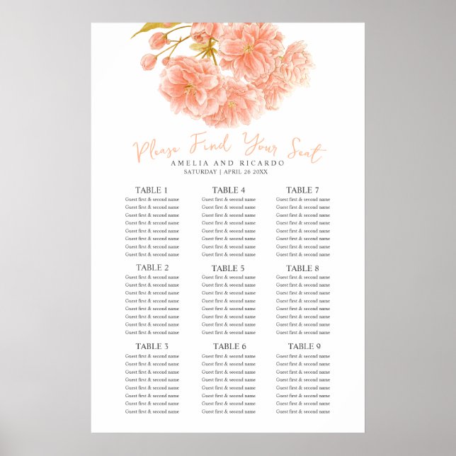 Póster Cartel de gráfico de asientos de boda de flor de d (Frente)