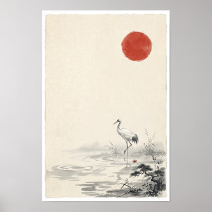 Póster Cartel de grulla blanca bajo sol rojo Tinta japo