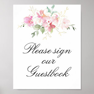 Póster cartel de guía de boda floral rosa