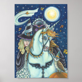 PÓSTER CARTEL DE HALLOWEEN DE BRUJA UNICORNIO Y BÚHO DE S