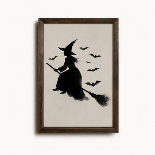 Póster Cartel de Halloween de Bruja Voladora con Escoba y