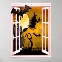 Cartel de Halloween de silueta de bruja en ventana