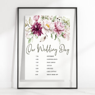 Póster Cartel de Horario de Boda Floral Burgundy Rosa Peo