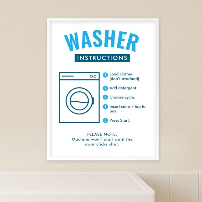 Póster Cartel de instrucciones de lavadora para lavanderí (modern laundromat washer instructions poster template in blue and white with fully customizable text)