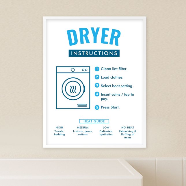 Póster Cartel de Instrucciones para Secadora de Lavanderí (Fully editable tumble dryer instructions sign for laundromats)