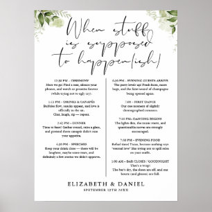 Póster Cartel de itinerario de boda floral verde
