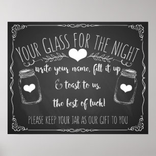 Póster Cartel de la barra del tarro de Mason boda pizarra