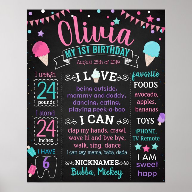 Póster Cartel de la crema de hielo First Birday (Frente)
