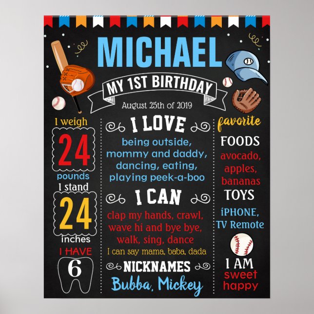 Póster Cartel de la fiesta de cumpleaños de béisbol (Frente)