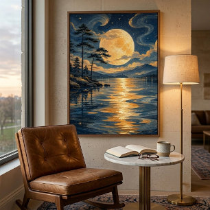 Póster Cartel de la Luna Dorada sobre el Lago Art