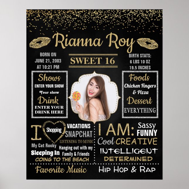 Póster Cartel de la pizarra de la fiesta de cumpleaños 16 (Frente)