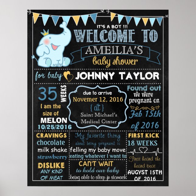 Póster Cartel de la pizarra del Fiesta Elephant Baby Show (Frente)
