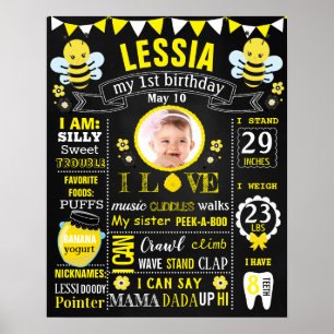 Póster Cartel de la pizarra del primer cumpleaños de Bee