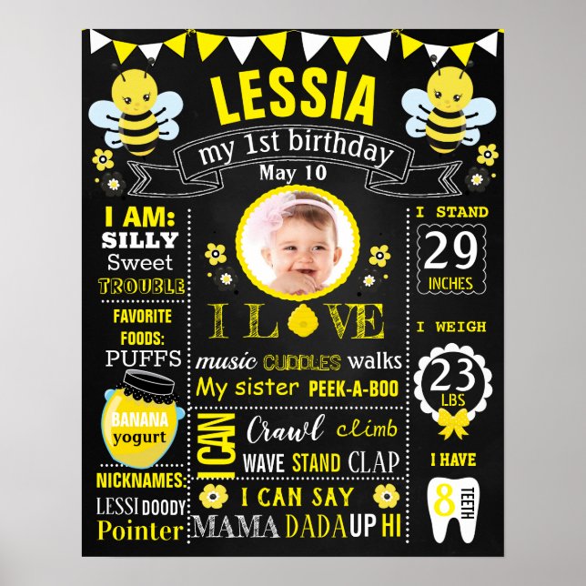 Póster Cartel de la pizarra del primer cumpleaños de Bee (Frente)