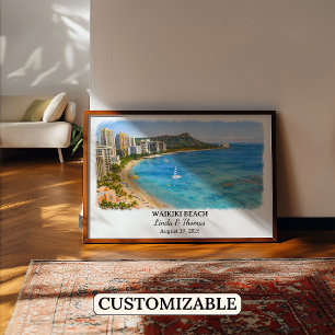 Póster Cartel de la playa de Waikiki Hawaii, Acuarela, Ho