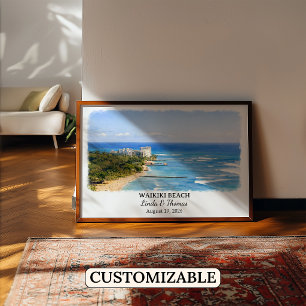 Póster Cartel de la playa de Waikiki Hawaii, Acuarela, Ho