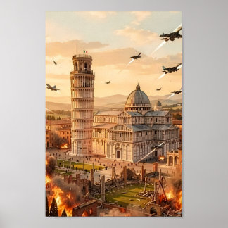 Póster Cartel de la Torre inclinada de Pisa bajo asedio