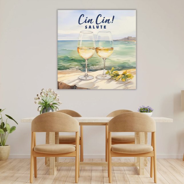 Póster ¡Cartel de la tostada italiana Cin Cin! Saludo el  (Cin Cin Salute Italian Coastal Watercolor Two Wine Glasses Toast the Mediterranean Sea Poster)