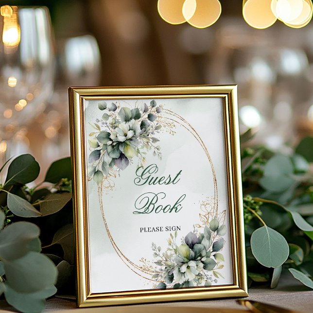Póster Cartel de Libro de Invitados Clásico de Verdor y D (Classic Greenery and Gold Guest Book Sign)