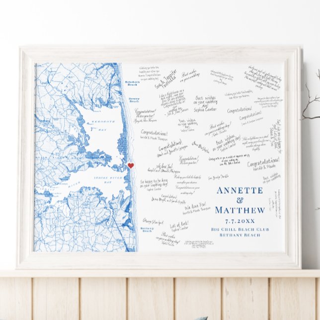 Póster Cartel de Libro de Invitados de Boda en Big Chill  (Big Chill Beach Club Alternative Wedding Guest Book Poster | Delaware Beach Map Coastal Map Designs)