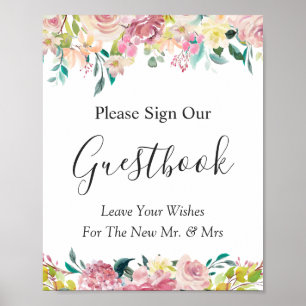 Póster Cartel de Libro de Invitados de Boda Floral Chic P
