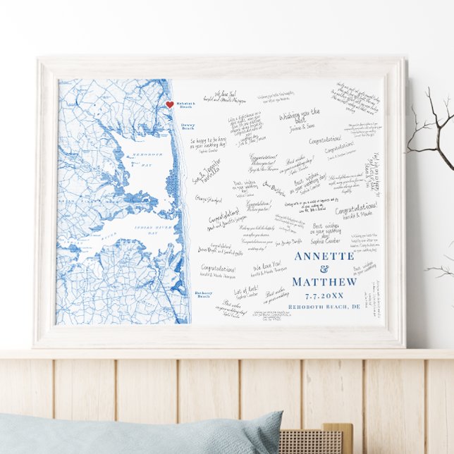 Póster Cartel de Libro de Invitados Elegante para Bodas e (Rehoboth Beach Map Alternative Guest Book Poster in elegant Navy Blue by Coastal Map Designs)