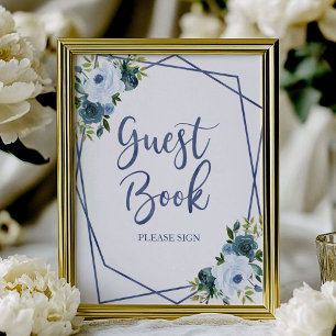 Póster Cartel de Libro de Invitados Floral Acuarela Azul 