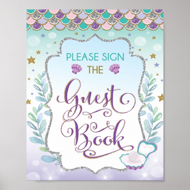 Póster Cartel de libro de invitados sirena Cumpleaños Des (Frente)